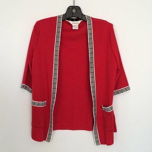 Exclusively Misook Womens Cardigan Small Red 3\4 Sleeve Contrast Trim Acrylic